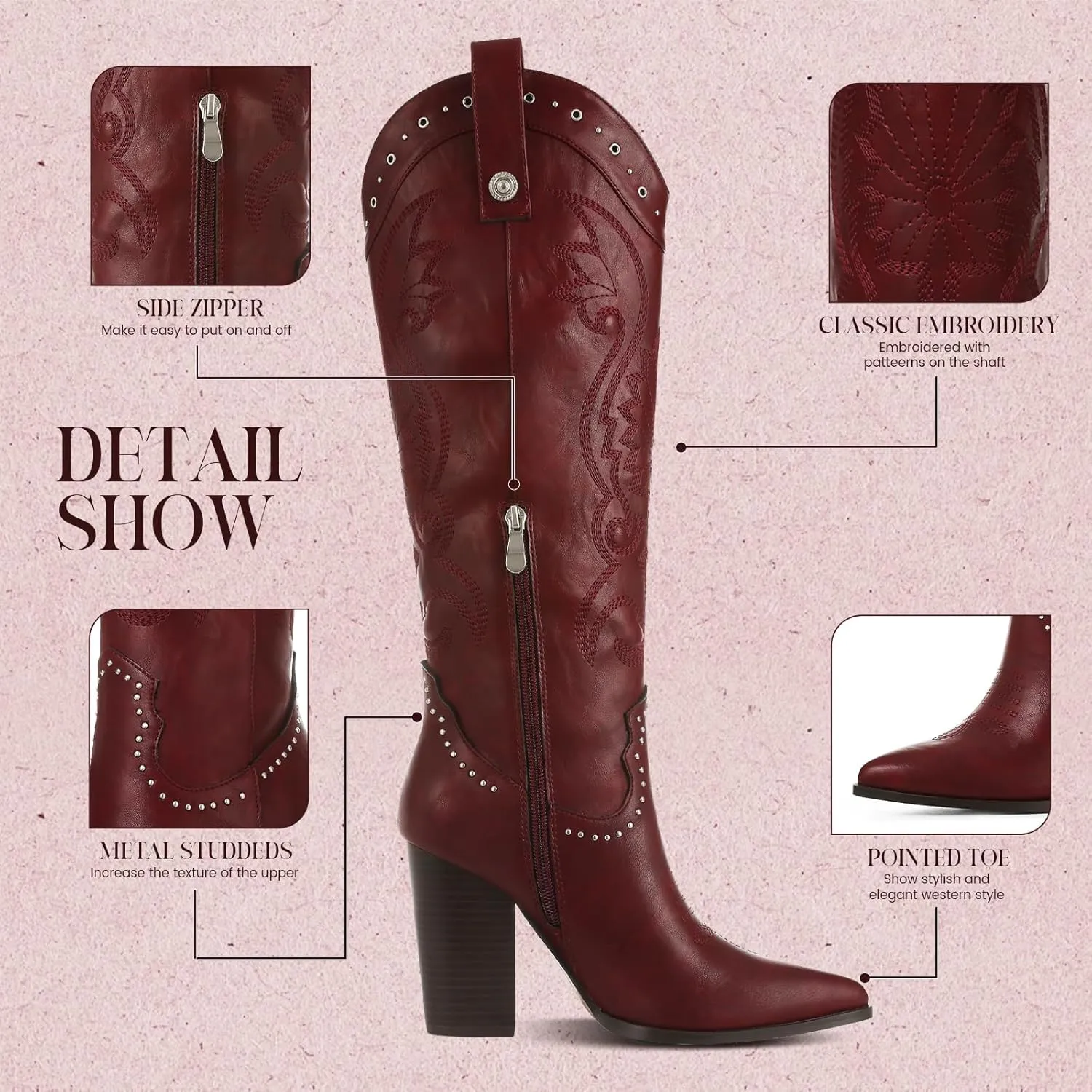 VOMIRA Knee High Cowboy Boots for Women Pointed Toe Chunky High Heels Pull-on Embroidered Boots Western Boots Wide Calf Cowgirl Boots