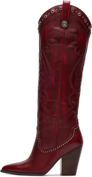 VOMIRA Knee High Cowboy Boots for Women Pointed Toe Chunky High Heels Pull-on Embroidered Boots Western Boots Wide Calf Cowgirl Boots