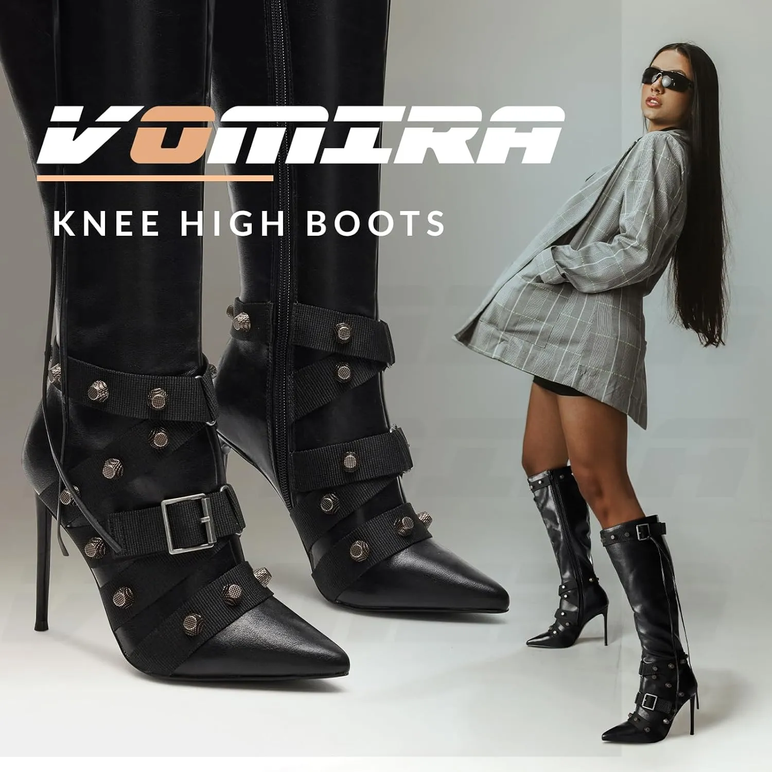 VOMIRA Stiletto Boots for Women Knee High Boots Pointy Toe High Heels Side Zipper Bucke Revets Tassel Boots Sexy Ladies Dressy Party Boots