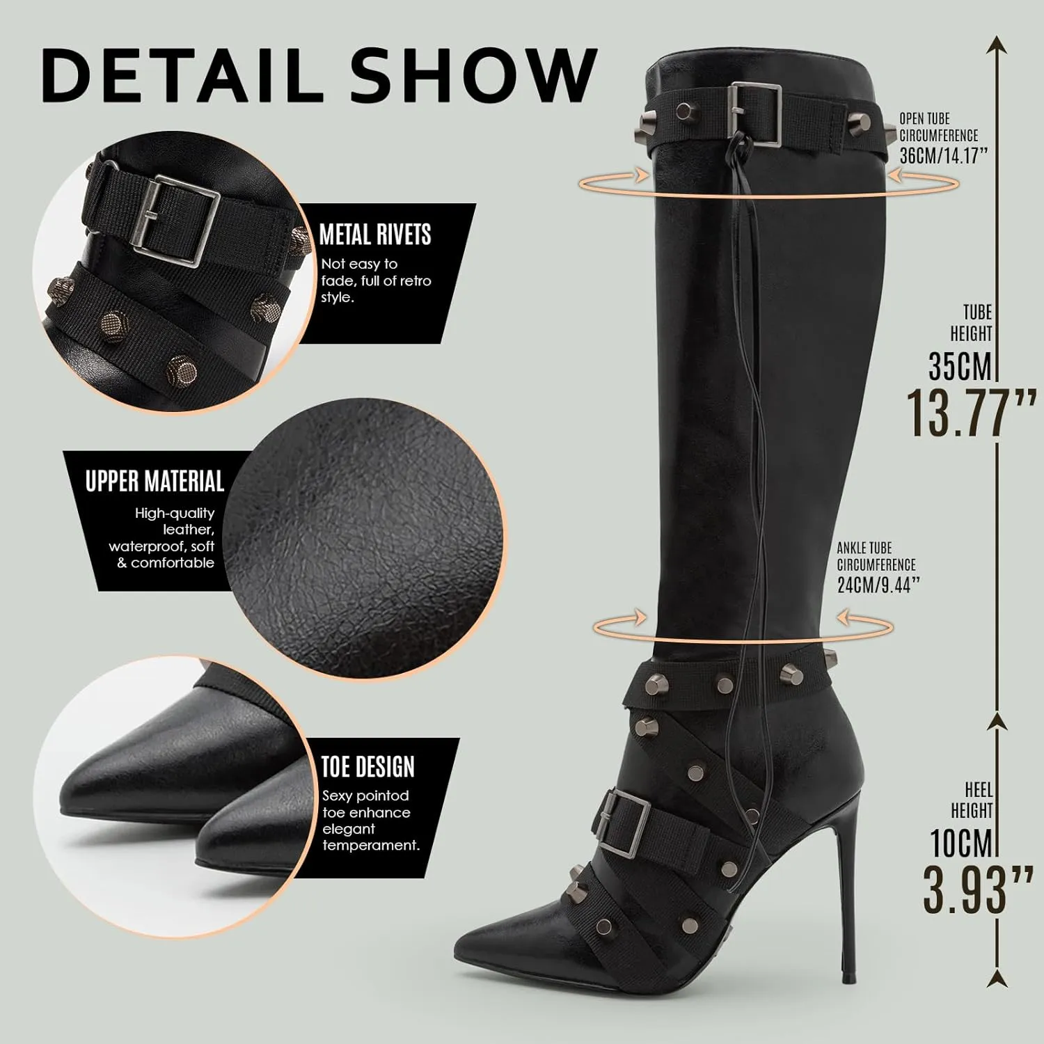 VOMIRA Stiletto Boots for Women Knee High Boots Pointy Toe High Heels Side Zipper Bucke Revets Tassel Boots Sexy Ladies Dressy Party Boots