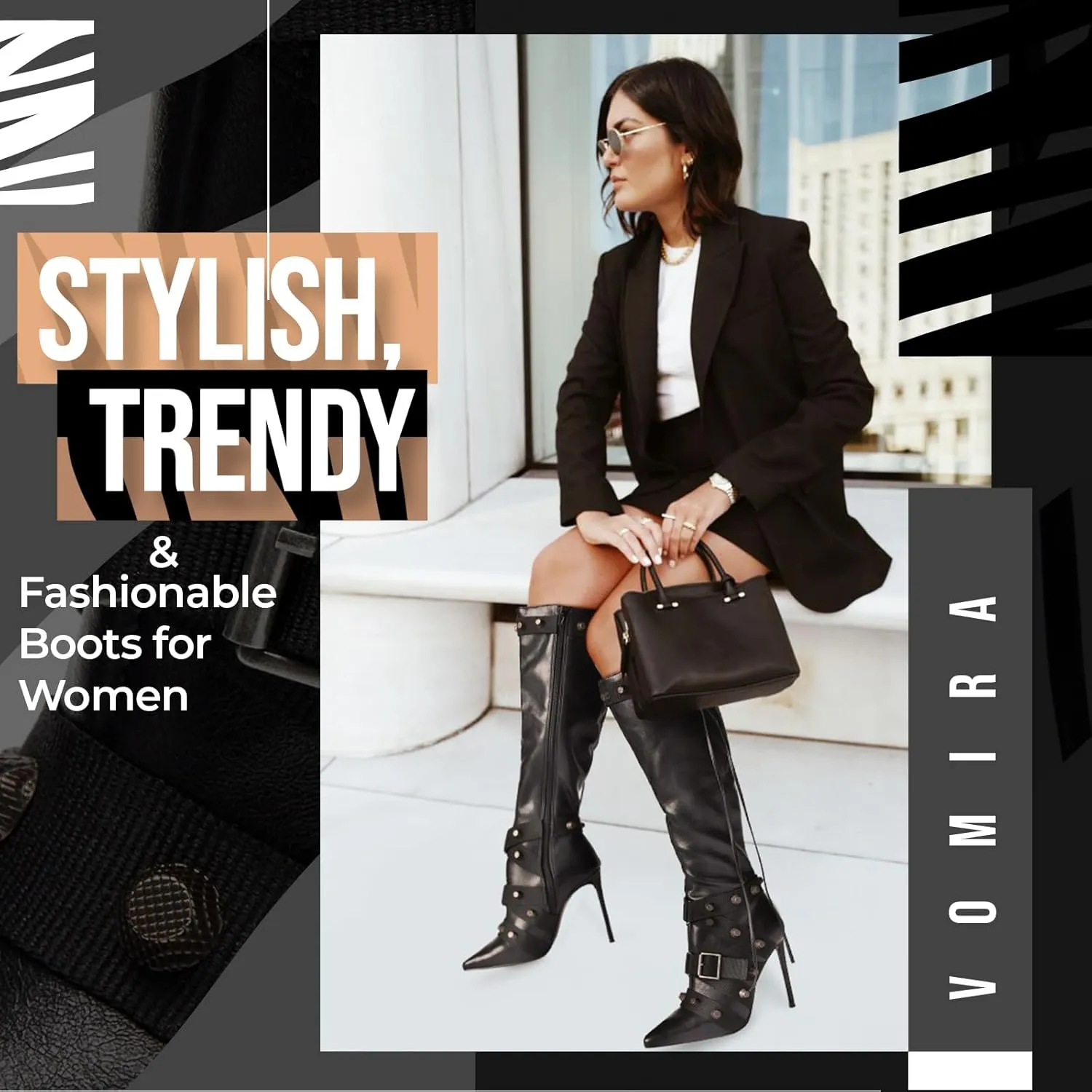 VOMIRA Stiletto Boots for Women Knee High Boots Pointy Toe High Heels Side Zipper Bucke Revets Tassel Boots Sexy Ladies Dressy Party Boots
