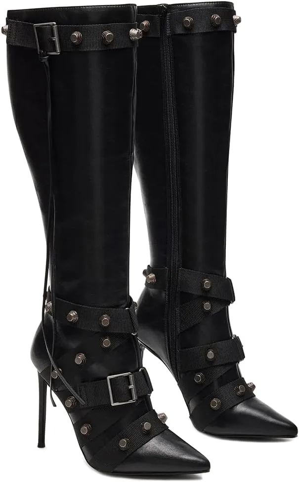 VOMIRA Stiletto Boots for Women Knee High Boots Pointy Toe High Heels Side Zipper Bucke Revets Tassel Boots Sexy Ladies Dressy Party Boots