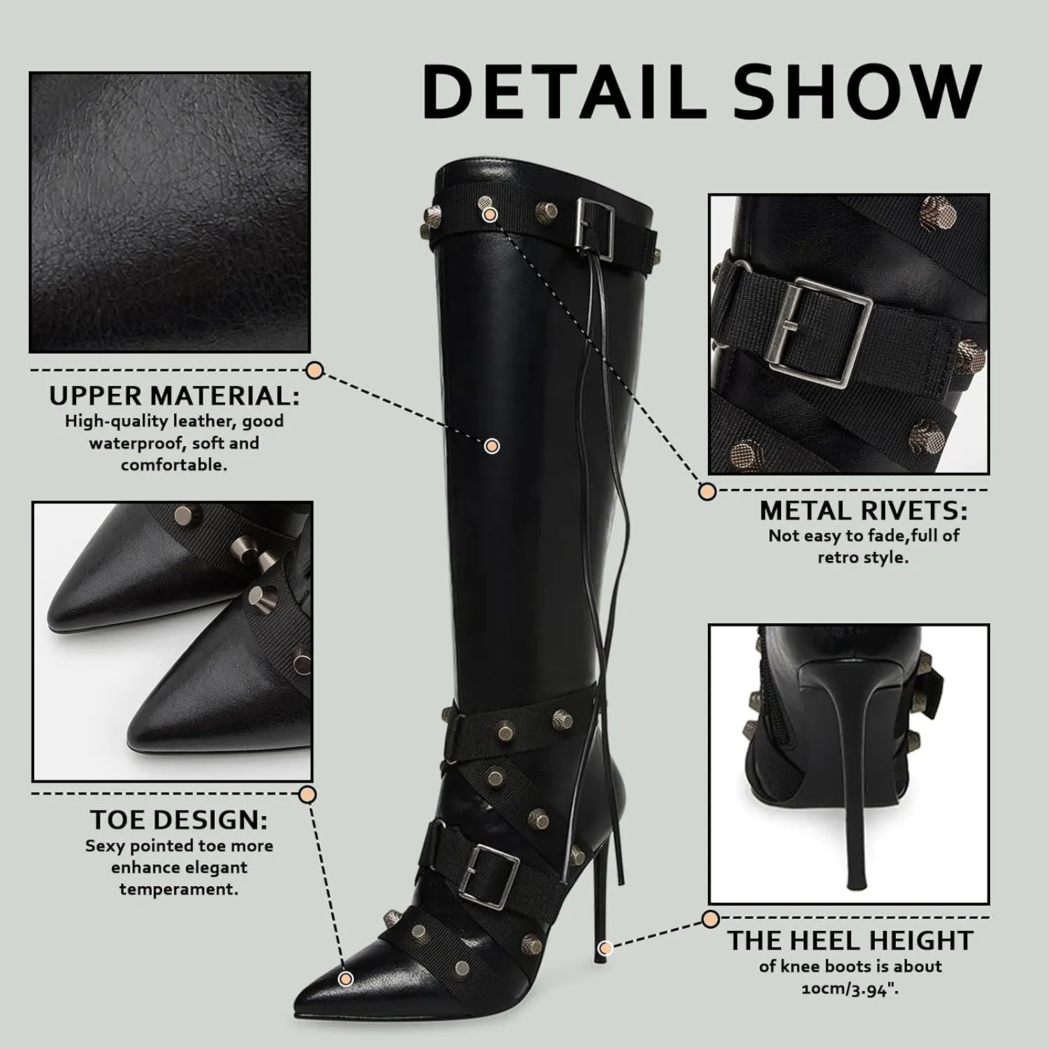 VOMIRA Stiletto Boots for Women Knee High Boots Pointy Toe High Heels Side Zipper Bucke Revets Tassel Boots Sexy Ladies Dressy Party Boots
