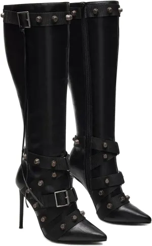 VOMIRA Stiletto Boots for Women Knee High Boots Pointy Toe High Heels Side Zipper Bucke Revets Tassel Boots Sexy Ladies Dressy Party Boots