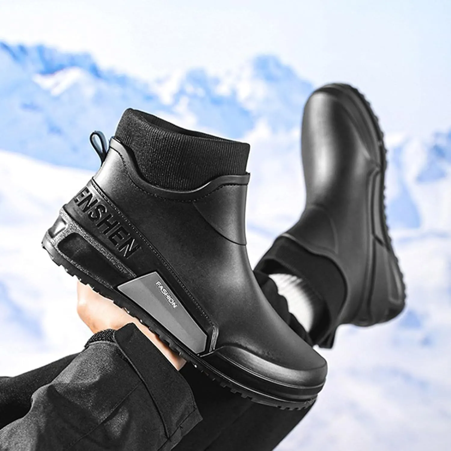 Waterproof Rain Boots Women Knit Lined Mens Grounded Footwear Boots Ankle Booties Heels Dress Barefoot Shoes Short Boots Slip-Ons Garden Fashion Ladies Rain Boot