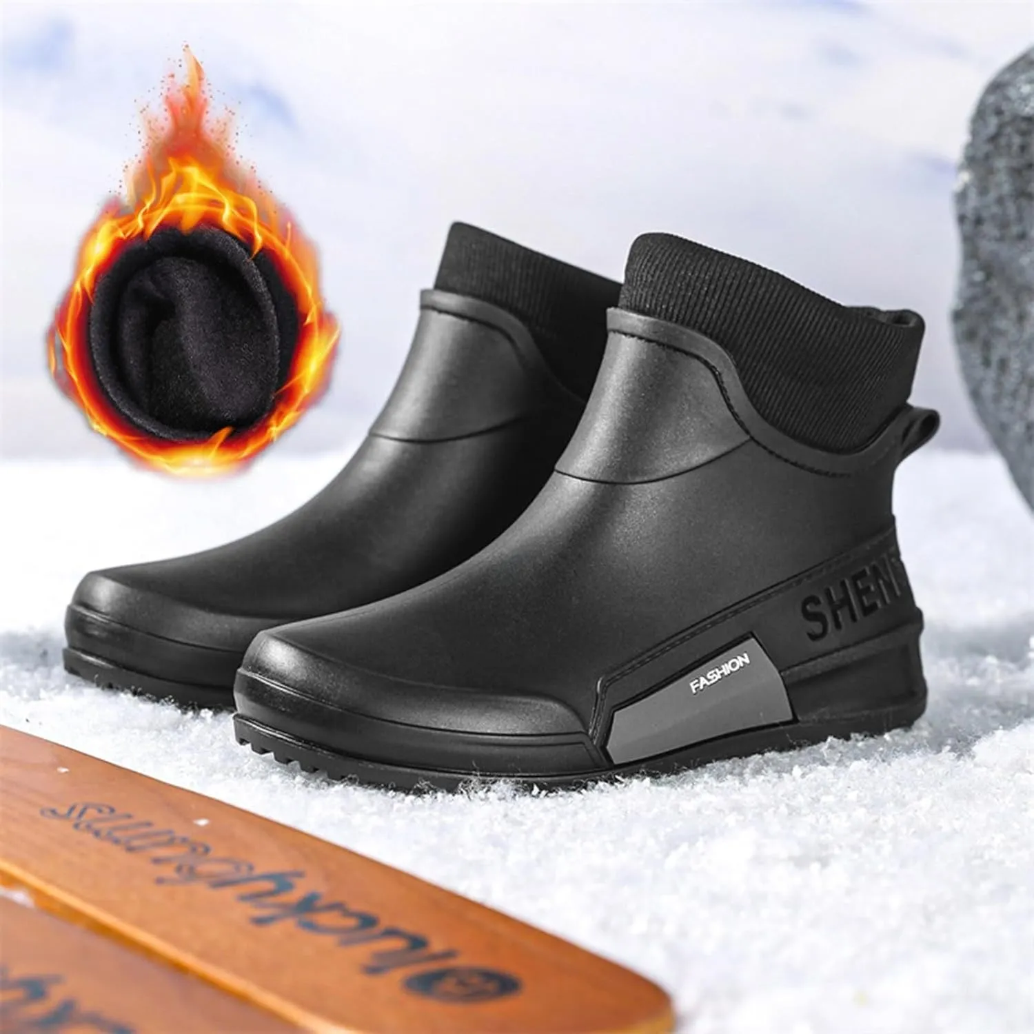 Waterproof Rain Boots Women Knit Lined Mens Grounded Footwear Boots Ankle Booties Heels Dress Barefoot Shoes Short Boots Slip-Ons Garden Fashion Ladies Rain Boot