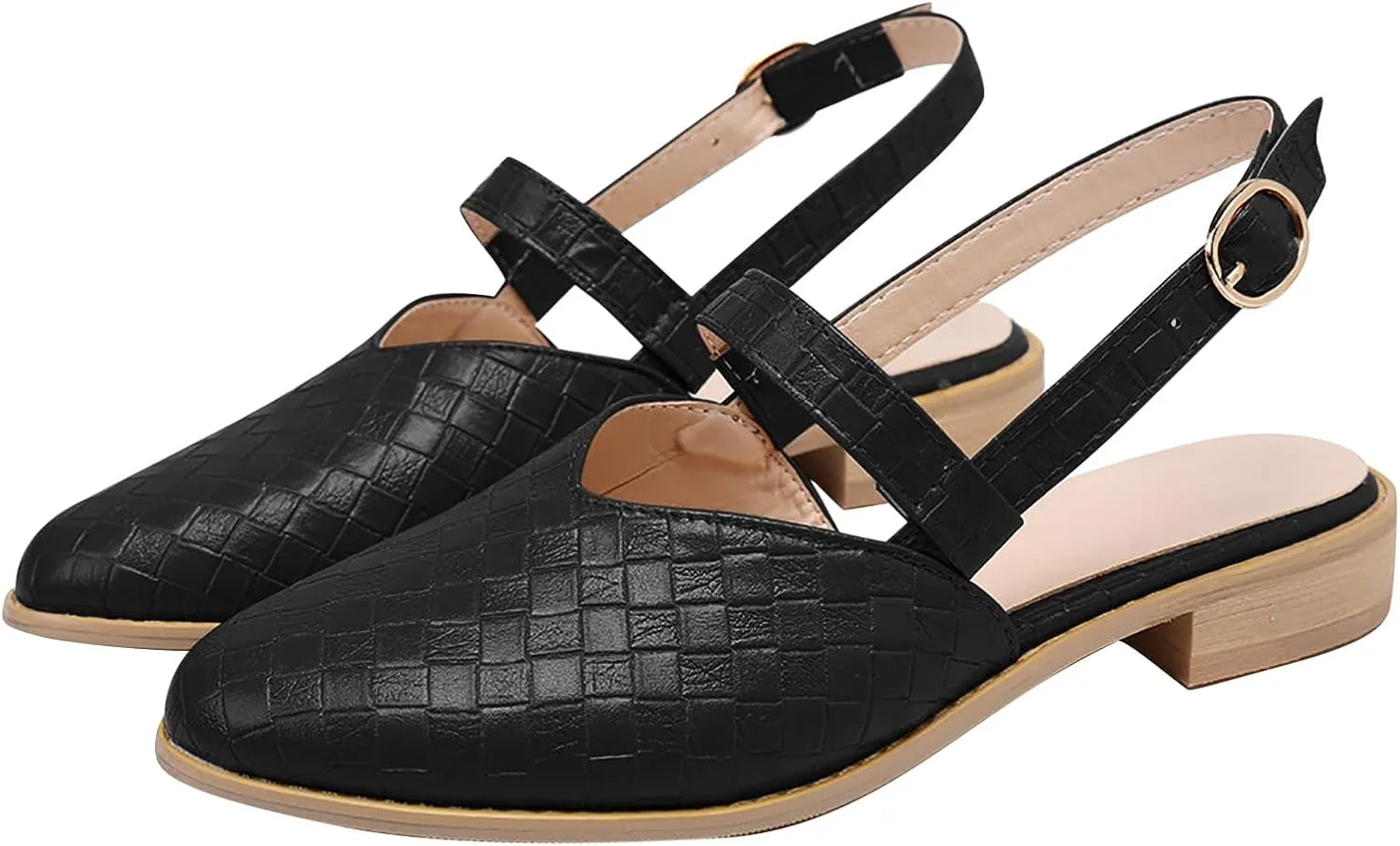 Weave Sandal for Women Fashion Pointed Toe Closed Toe Cutout Strap Buckle Low Heel Casual Shoes Summer Comfortable Flat Slides Mules Shoes
