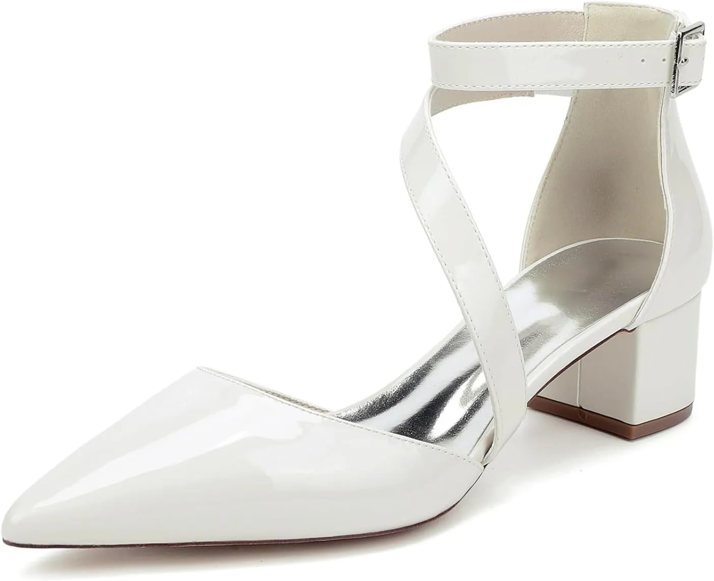 Wedding Bridal Shoes Women's Bridal Low Chunky Block Heels Pointed Toe Ankle Strap Party Wedding Dress Shoes 4.5Cm