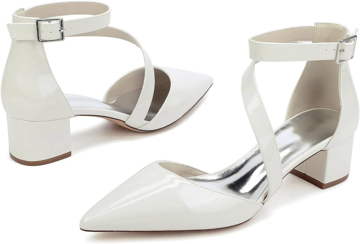 Wedding Bridal Shoes Women's Bridal Low Chunky Block Heels Pointed Toe Ankle Strap Party Wedding Dress Shoes 4.5Cm