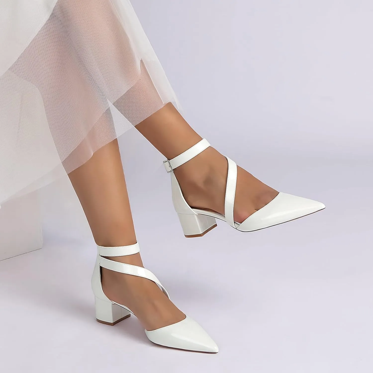 Wedding Bridal Shoes Women's Bridal Low Chunky Block Heels Pointed Toe Ankle Strap Party Wedding Dress Shoes 4.5Cm