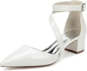 Wedding Bridal Shoes Women's Bridal Low Chunky Block Heels Pointed Toe Ankle Strap Party Wedding Dress Shoes 4.5Cm