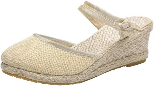 Wedge Sandals for Women Closed Toe Wedge Heels Sandals Retro Casual Buckle Strap Sandal Platform Summer Shoes