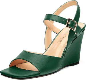 Wedge Sandals for Women, Square Open Toe Ankle Strap Adjustable Strap Matte Comfortable Casual Dating High Heeled Sandals 3.35 Inch