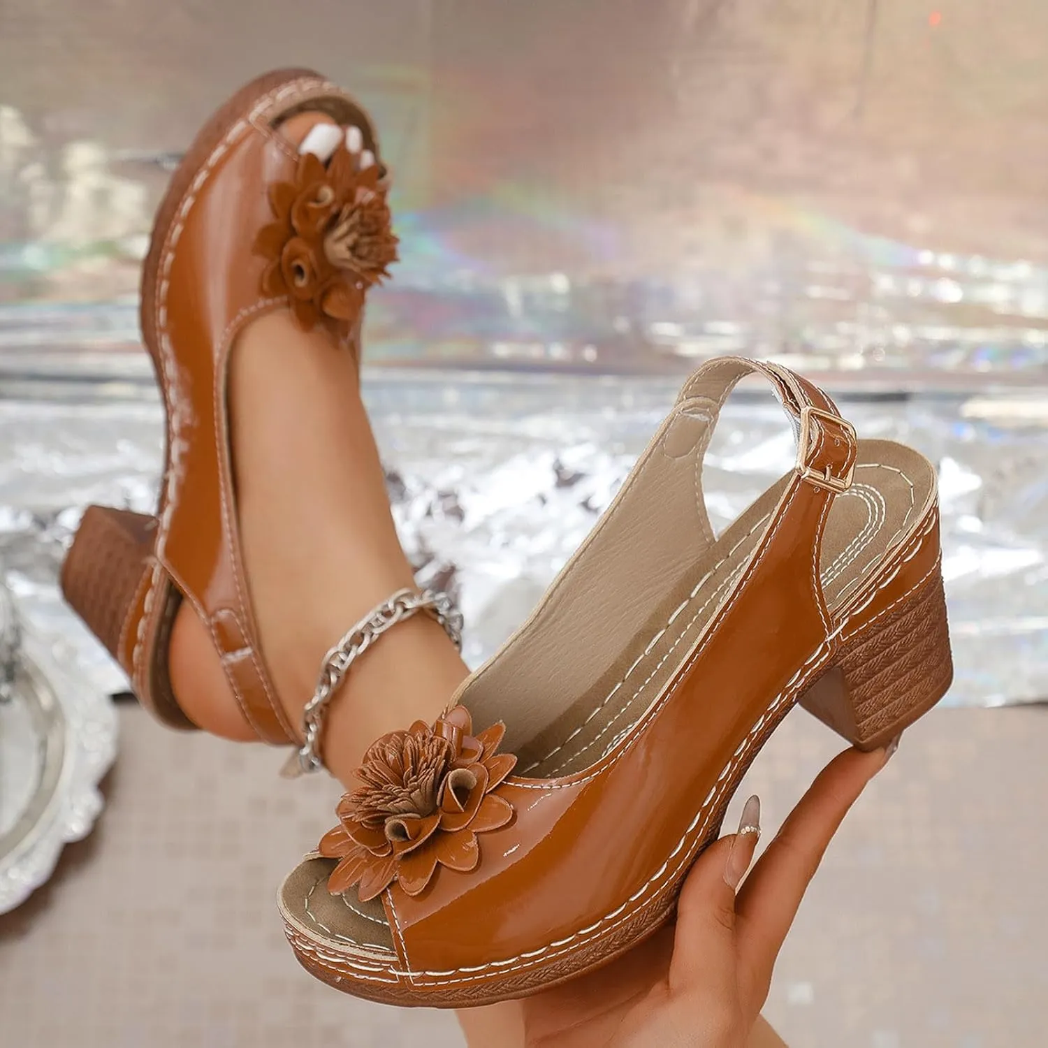 Wedge Sandals for Women Summer Dressy Open Toe Ankle Strap Slingback Chunky Block High Heeled Platform Sandal Summer Dress Pump Shoes