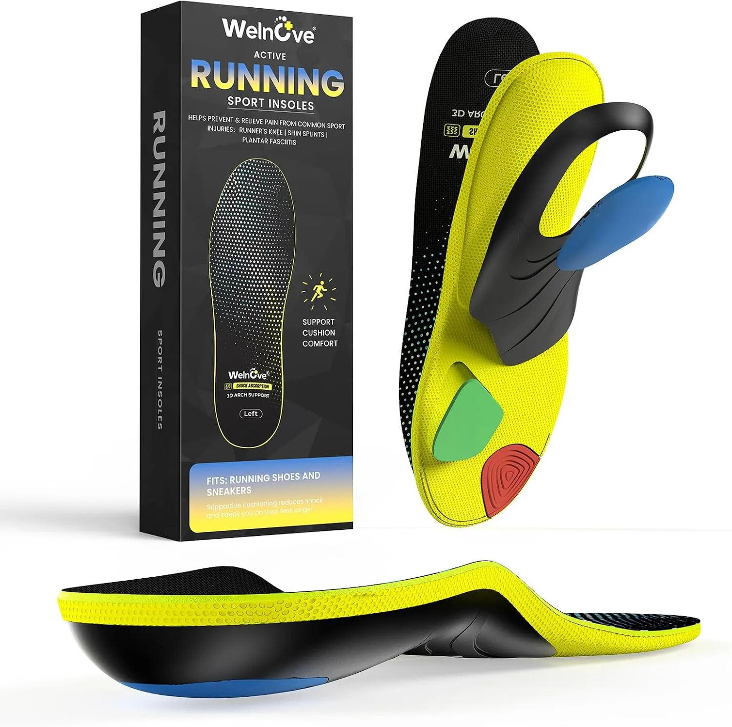 Welnove Plantar Fasciitis Insoles – Sport Arch Support Insoles for Running, Hiking & Standing All Day – Shock Absorption, Heel Pain Relief Heel Spur Insert for Sneakers & Boots(Black,XS)