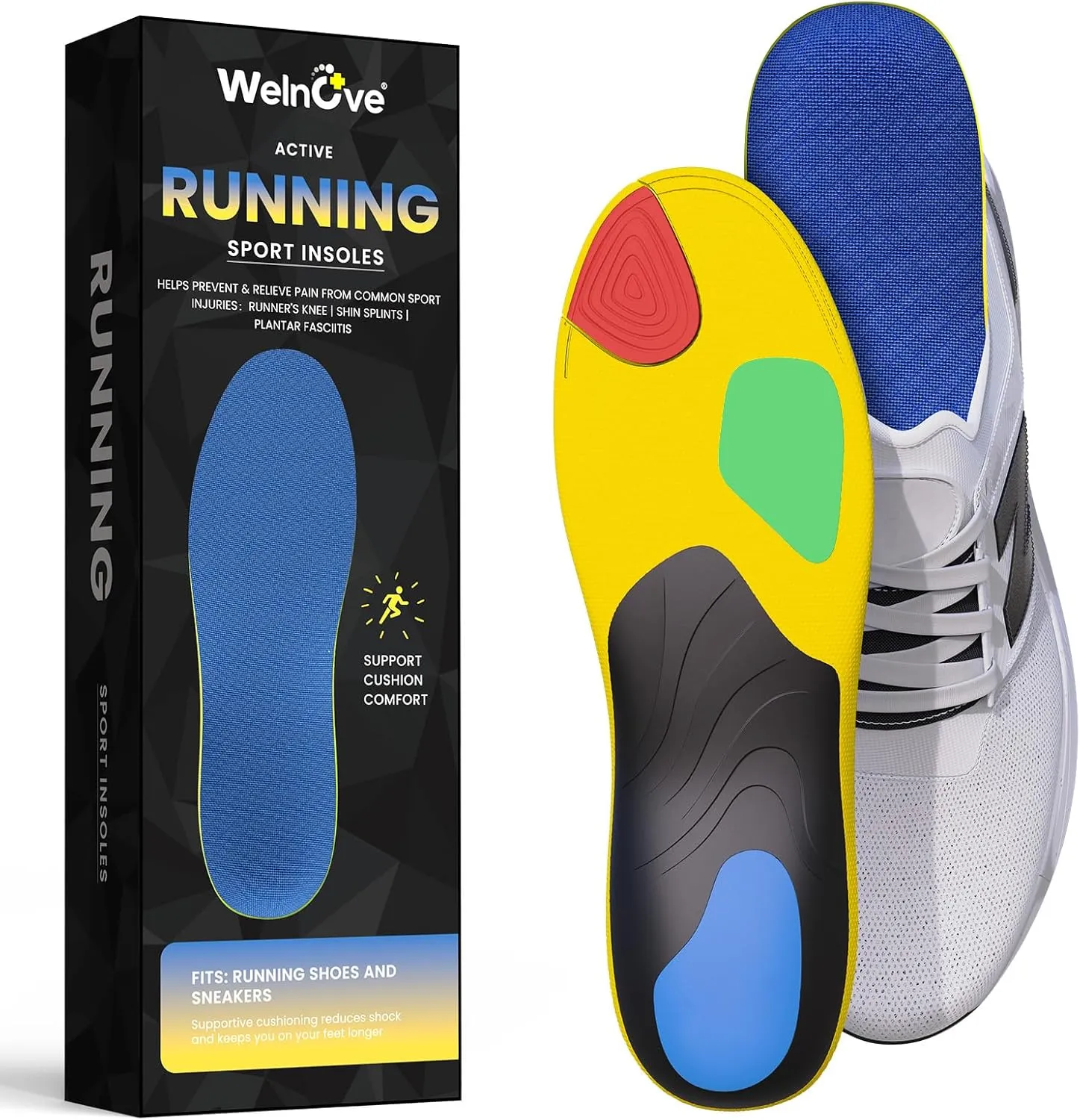 Welnove Plantar Fasciitis Insoles – Sport Arch Support Insoles for Running, Hiking & Standing All Day – Shock Absorption, Heel Pain Relief Heel Spur Insert for Sneakers & Boots(Blue,XL)
