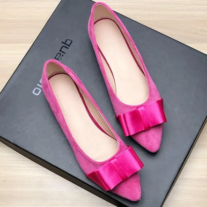 WENJIAZHIZHI Womens Sexy Pointy Toe Flats Shoes Satin Bow-Like Knot Ballerina Shoes Comfortable Office Lady Dress Low-Heel Loafers