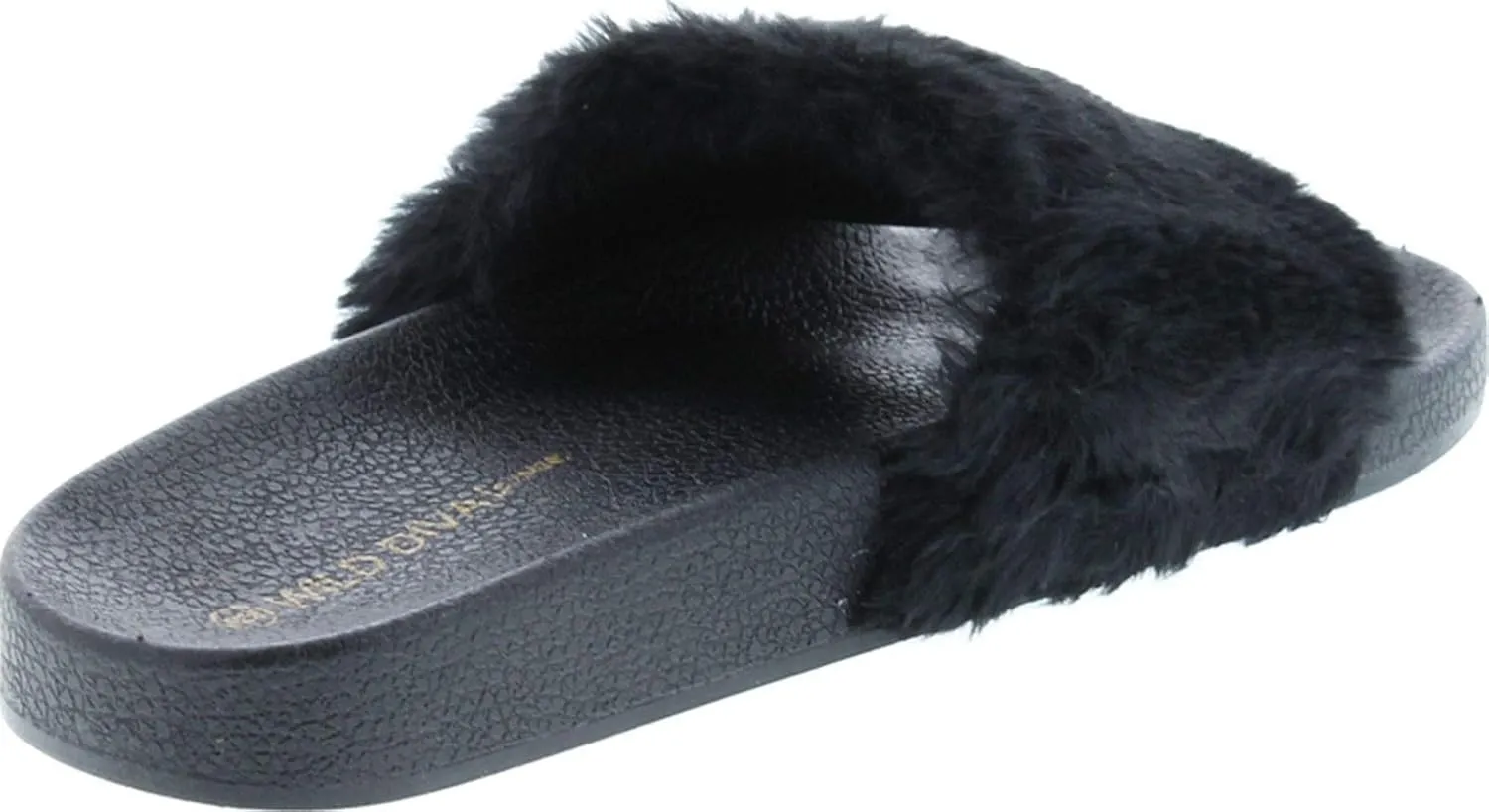 Wild Diva Matty-01 Open Toe Fluffy Fux Fur Rubber Molded Footbed Slides,Black,6