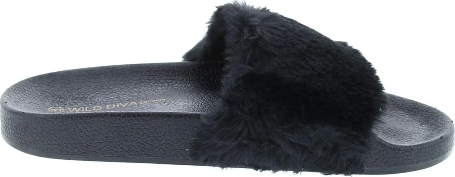 Wild Diva Matty-01 Open Toe Fluffy Fux Fur Rubber Molded Footbed Slides,Black,6