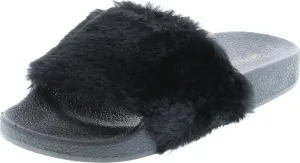 Wild Diva Matty-01 Open Toe Fluffy Fux Fur Rubber Molded Footbed Slides,Black,6
