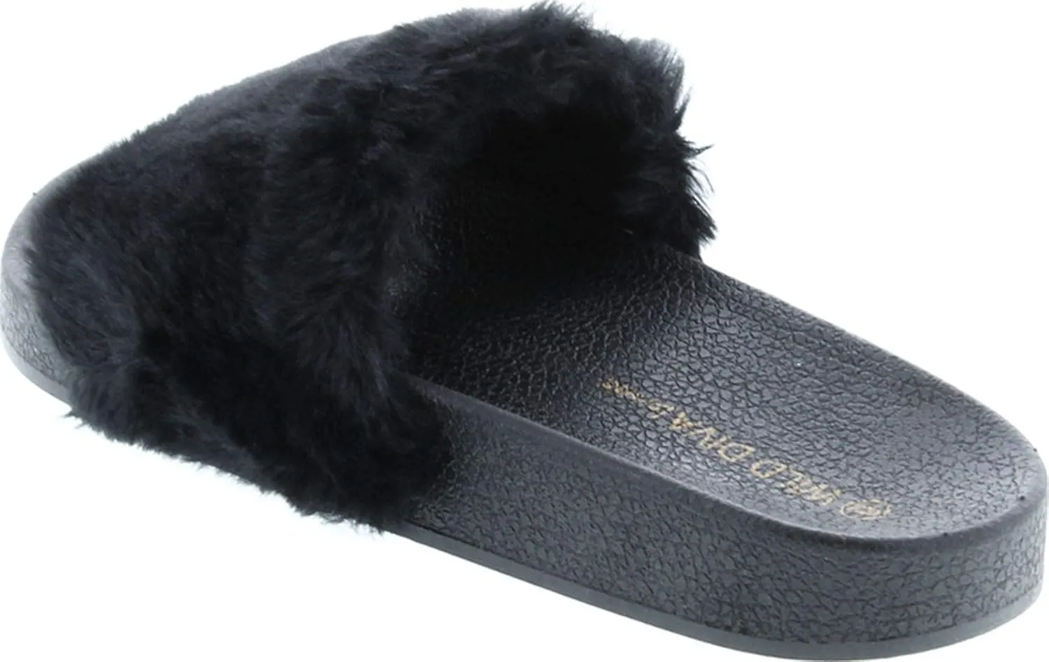 Wild Diva Matty-01 Open Toe Fluffy Fux Fur Rubber Molded Footbed Slides,Black,6
