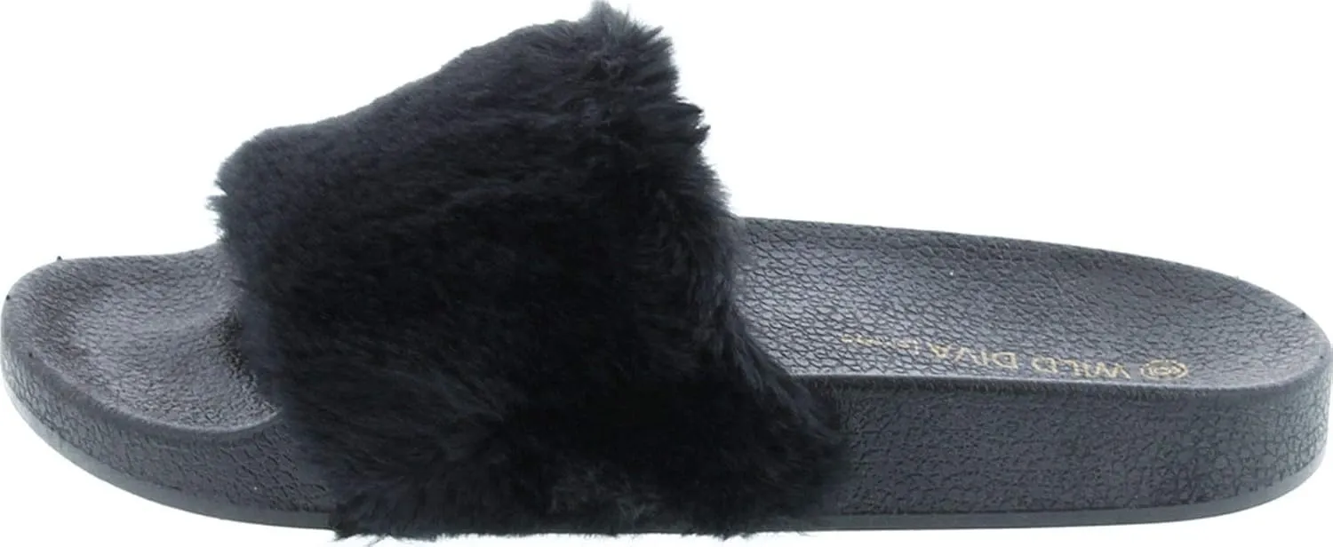 Wild Diva Matty-01 Open Toe Fluffy Fux Fur Rubber Molded Footbed Slides,Black,6