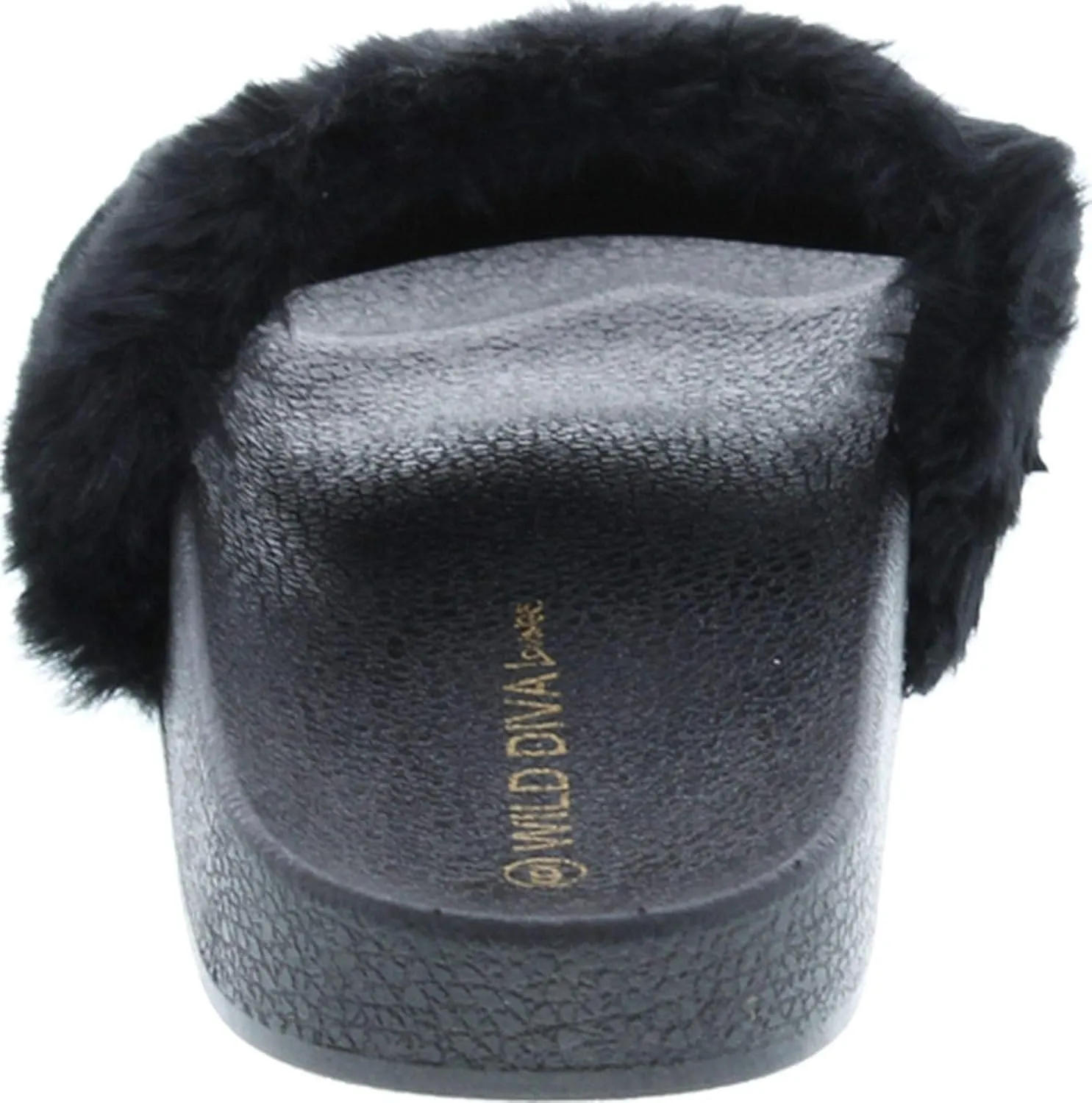 Wild Diva Matty-01 Open Toe Fluffy Fux Fur Rubber Molded Footbed Slides,Black,6