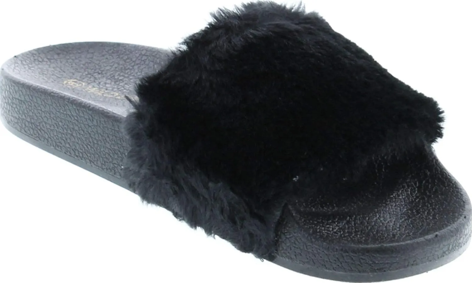 Wild Diva Matty-01 Open Toe Fluffy Fux Fur Rubber Molded Footbed Slides,Black,6