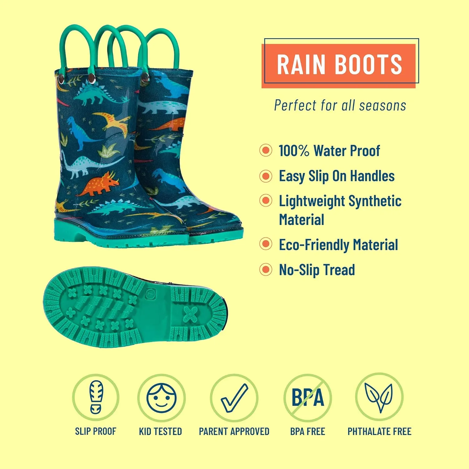 Wildkin Kids Rain Boots – 100% Waterproof with Slip-Resistant Tread & Easy Pull Handles
