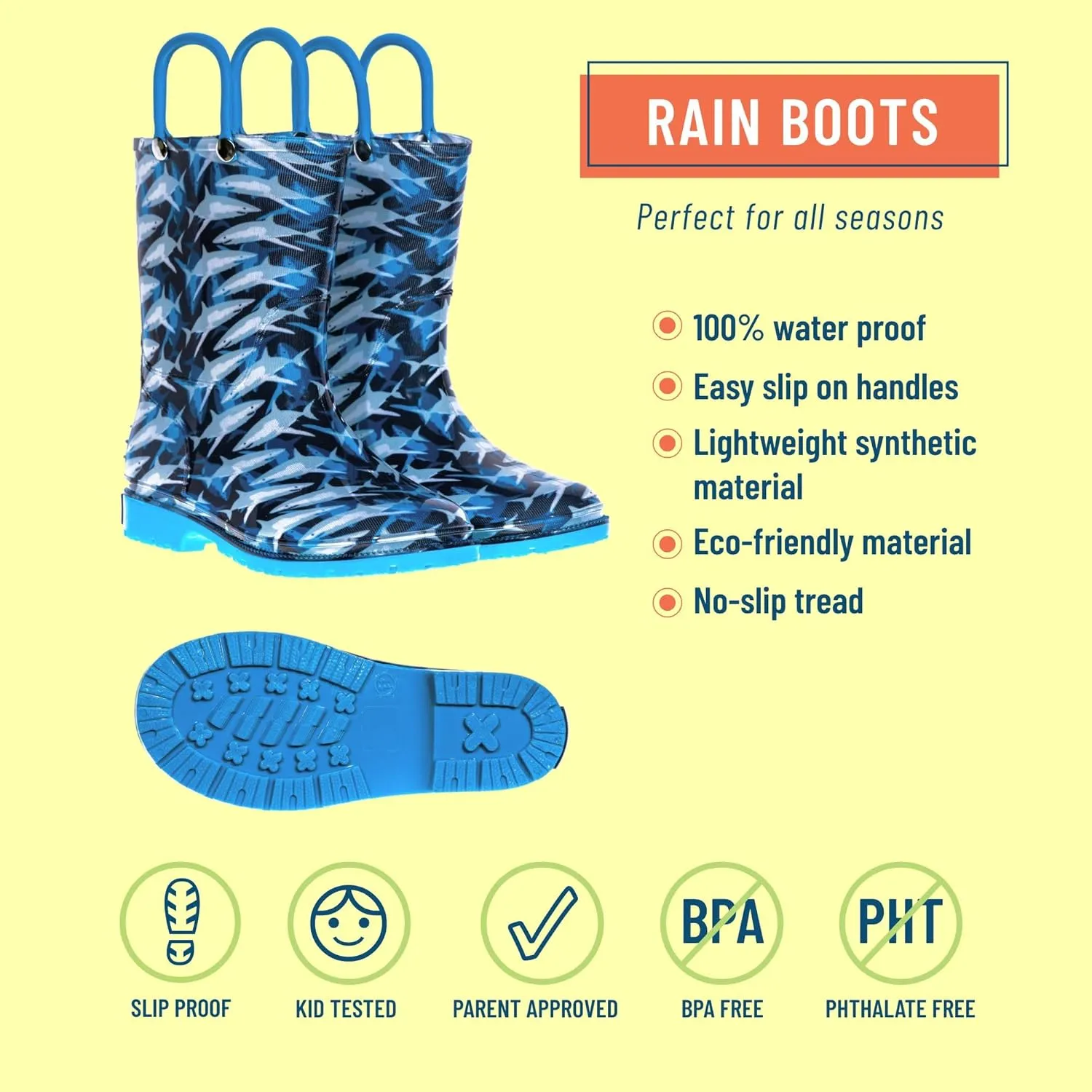 Wildkin Kids Rain Boots – 100% Waterproof with Slip-Resistant Tread & Easy Pull Handles