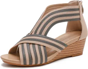 WOJWSKI Wedges for Women Sandals Bohemia Open Toe Roman Low Heel Zipper Back Platform Summer Dress Women‘s Beach Sandals