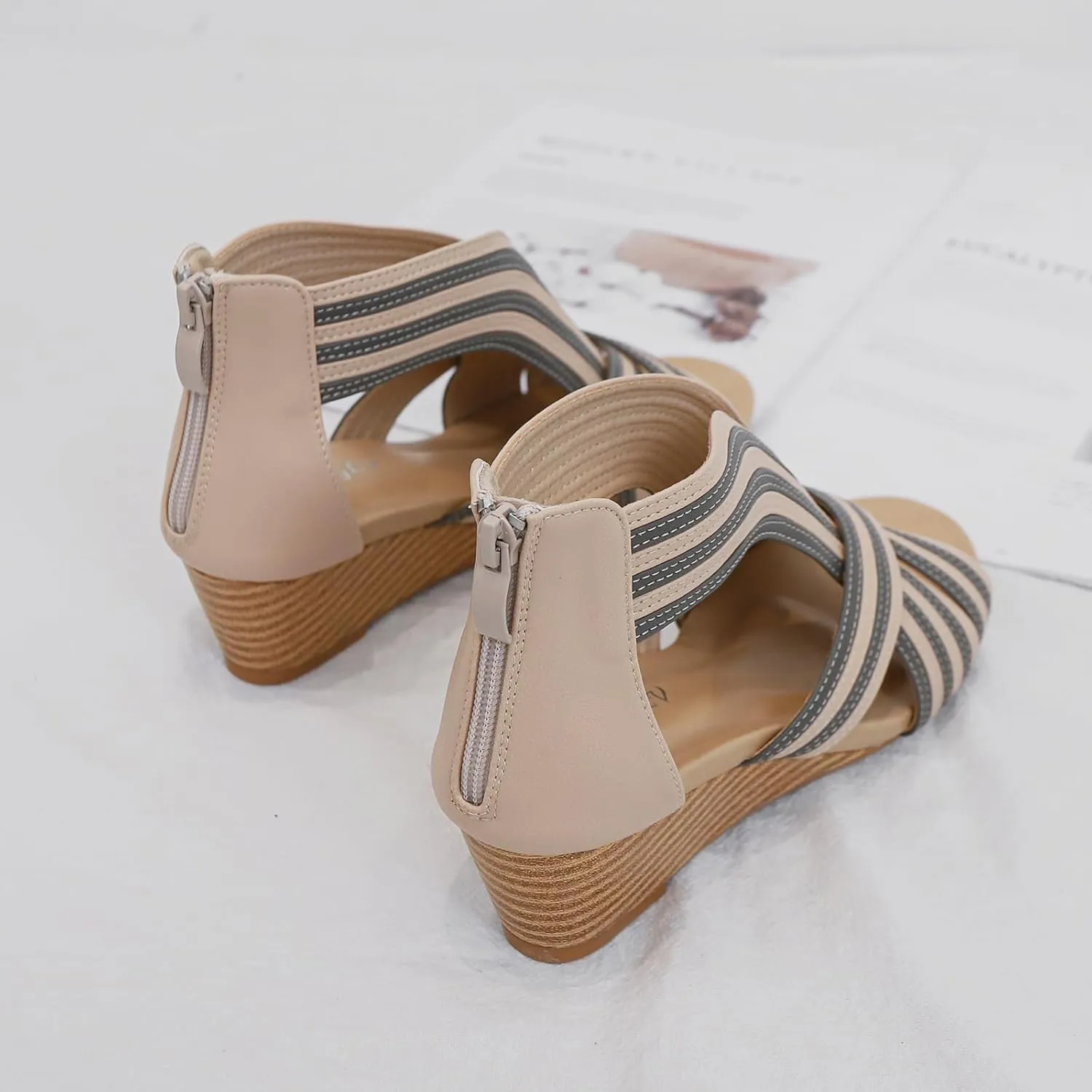 WOJWSKI Wedges for Women Sandals Bohemia Open Toe Roman Low Heel Zipper Back Platform Summer Dress Women‘s Beach Sandals