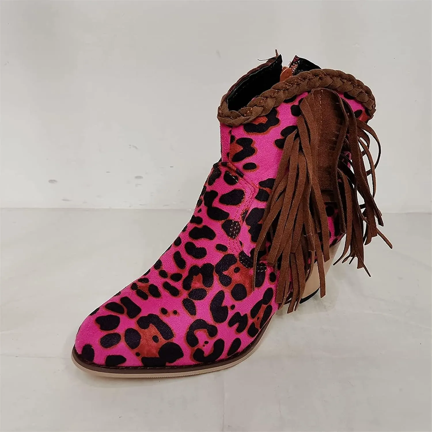 Women Ankle Boots Fashion Fringe Boots Retro Suede Block Heel Ankle Boots Sexy Pointed Toe Leopard Ankle Boots Casual Chelsea Boots Pull-On Biker Boots Outdoor Shoes