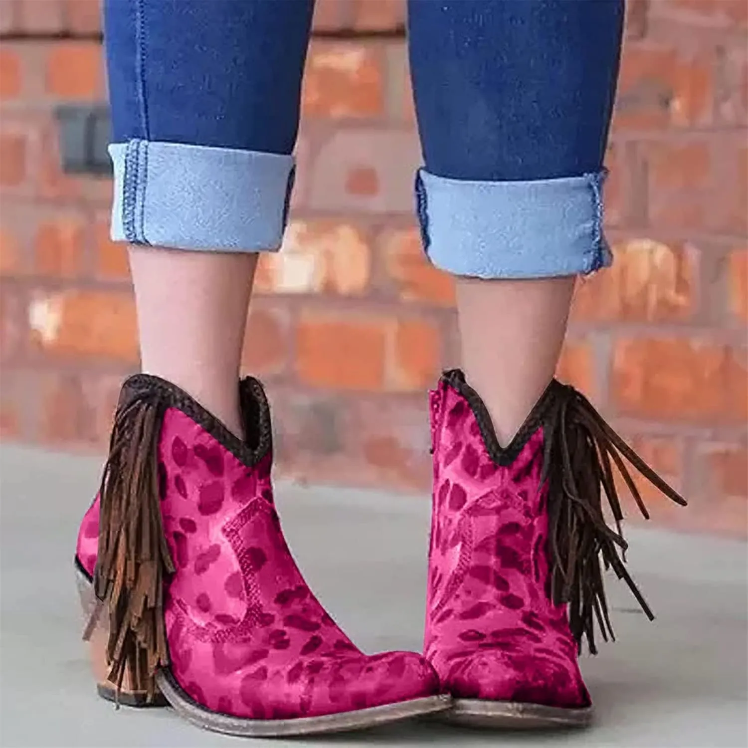 Women Ankle Boots Fashion Fringe Boots Retro Suede Block Heel Ankle Boots Sexy Pointed Toe Leopard Ankle Boots Casual Chelsea Boots Pull-On Biker Boots Outdoor Shoes