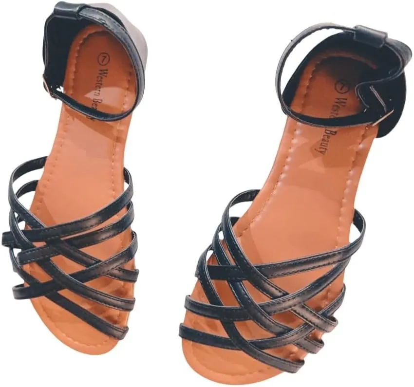 Women Casual Flat Strappy Sandals w/Ankle Straps