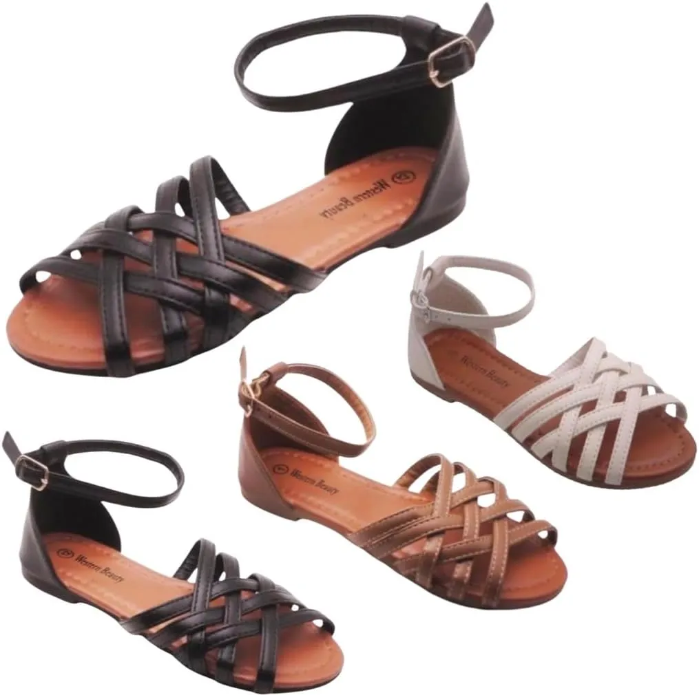 Women Casual Flat Strappy Sandals w/Ankle Straps