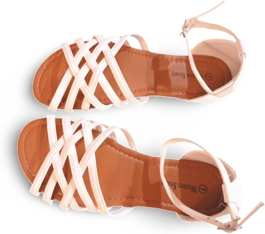 Women Casual Flat Strappy Sandals w/Ankle Straps