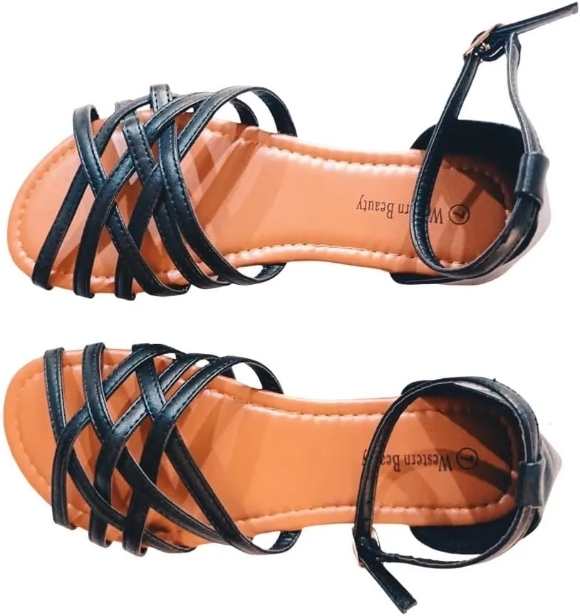 Women Casual Flat Strappy Sandals w/Ankle Straps