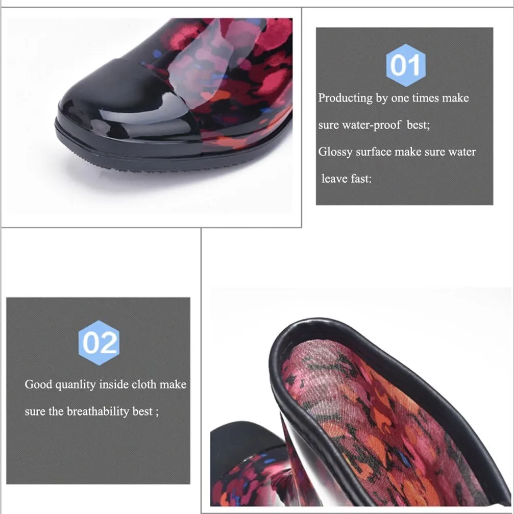 Women Half Calf Rubber Rainboots Leopard gerbera Red Floral Printed Waterproof Rubber Garden rain footwear