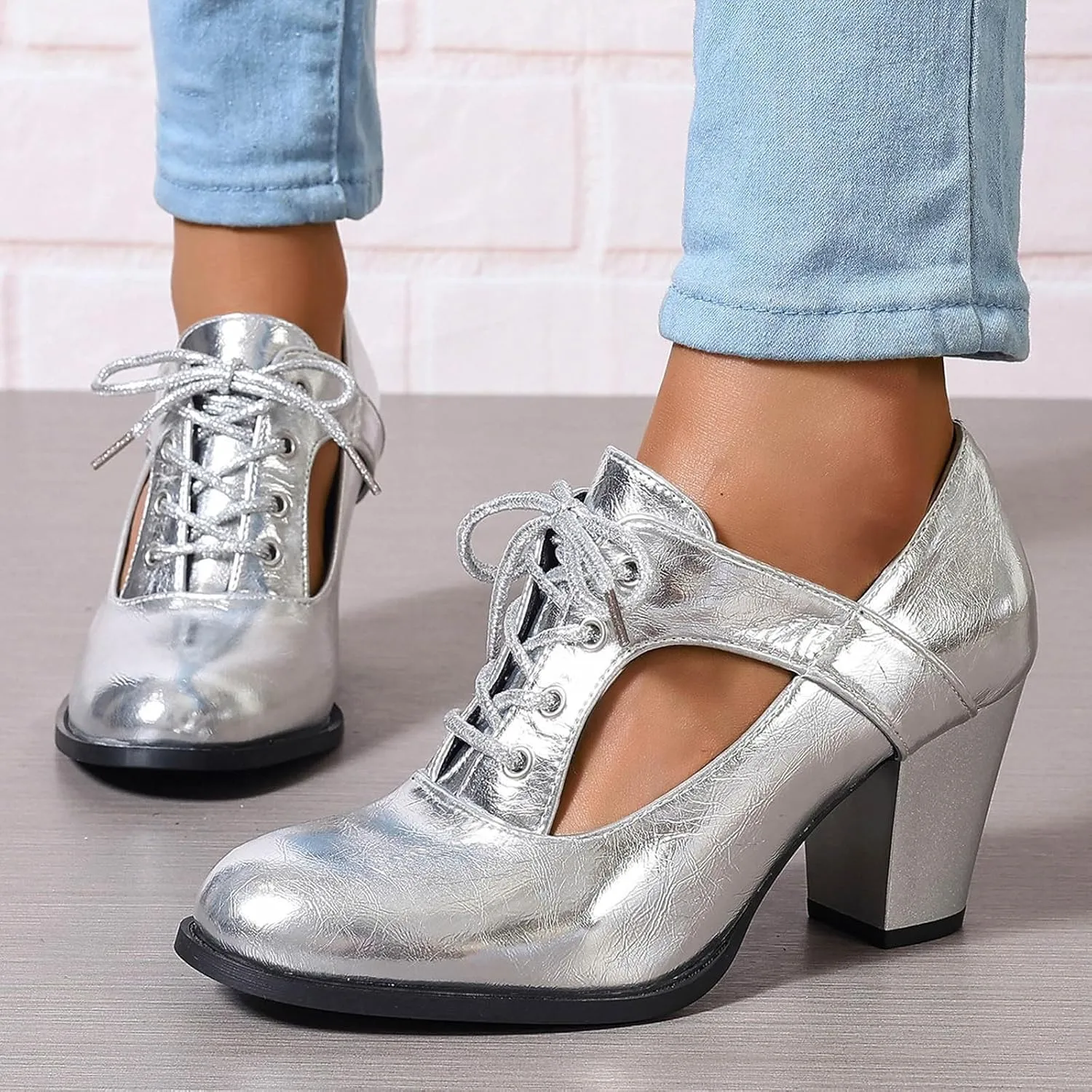 Women High Heel Boots Fashionable New Pattern Vintage Chunky Heeled Metallic Lace Up Shoes Funky Womens Sandals 8w