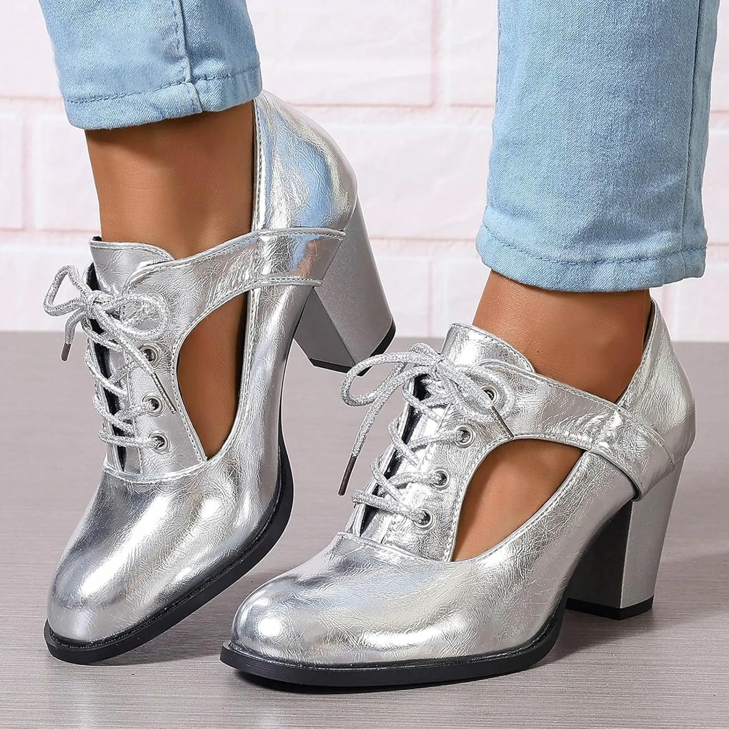 Women High Heel Boots Fashionable New Pattern Vintage Chunky Heeled Metallic Lace Up Shoes Funky Womens Sandals 8w