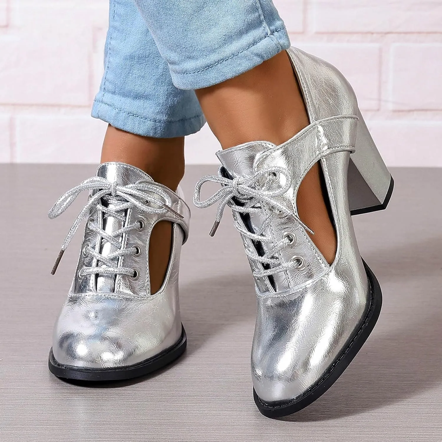 Women High Heel Boots Fashionable New Pattern Vintage Chunky Heeled Metallic Lace Up Shoes Funky Womens Sandals 8w