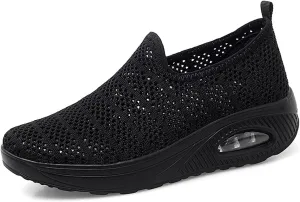 Women Knit Orthopedic Platform Loafers Breathable Mesh Slip-On Arch Support Walking Wedge Nurse Shoes Diabetic Air-Cushion Non-Slip Flat Boat Shoes