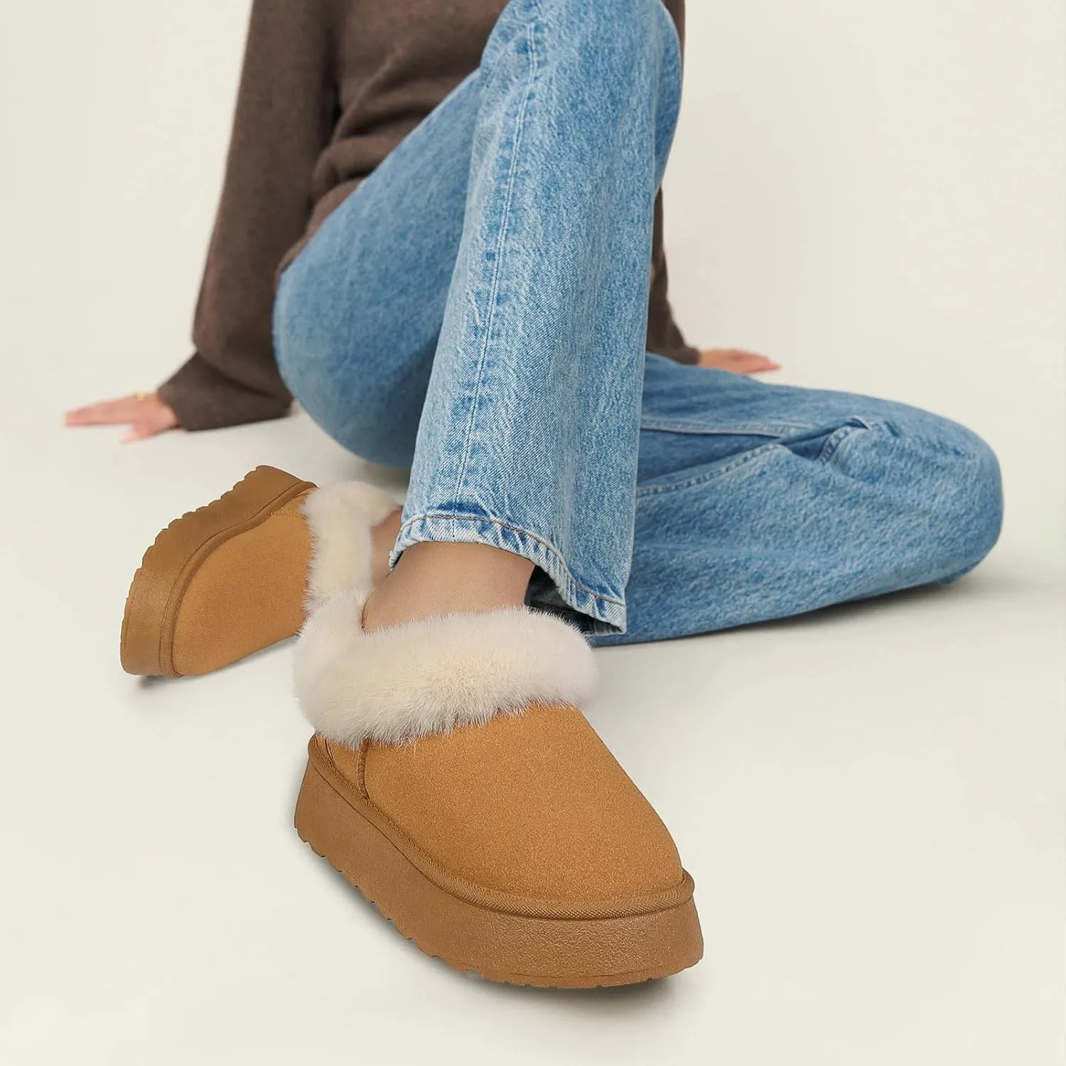 Women Platform Snow Boots Fuzzy Slippers Fluffy Mini Boots House Slippers Clogs Indoor Outdoor