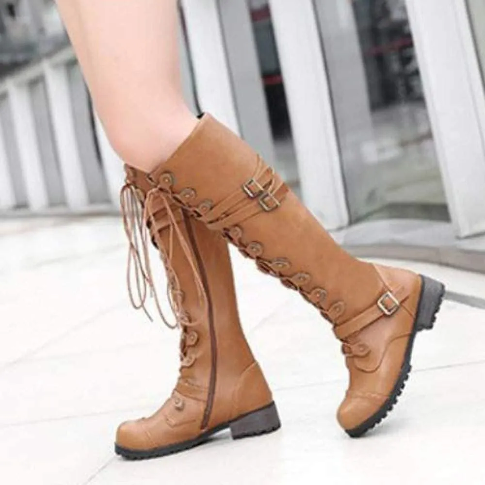 Women PU Leather Knee Boots, Strappy Lace-up Gothic Vintage Punk Buckle Military Combat Stacked Heel Boot Shoes Knee-High Boots