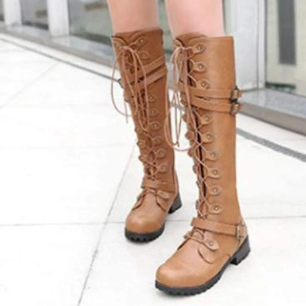Women PU Leather Knee Boots, Strappy Lace-up Gothic Vintage Punk Buckle Military Combat Stacked Heel Boot Shoes Knee-High Boots