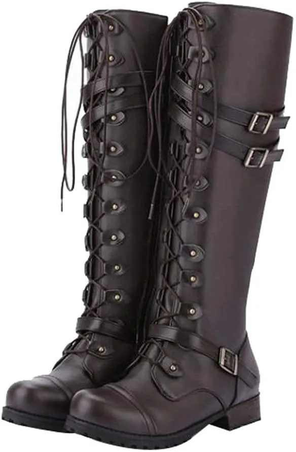 Women PU Leather Knee Boots, Strappy Lace-up Gothic Vintage Punk Buckle Military Combat Stacked Heel Boot Shoes Knee-High Boots