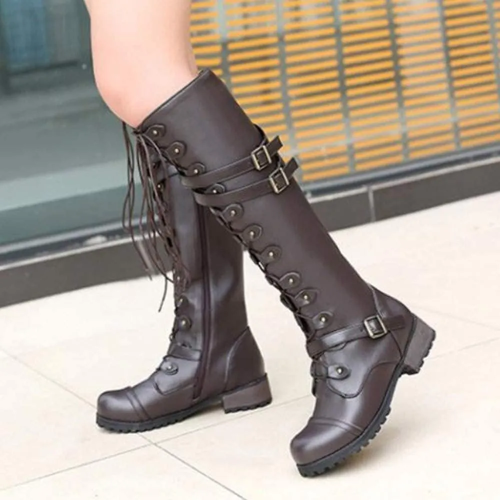 Women PU Leather Knee Boots, Strappy Lace-up Gothic Vintage Punk Buckle Military Combat Stacked Heel Boot Shoes Knee-High Boots