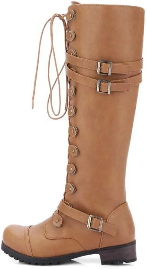 Women PU Leather Knee Boots, Strappy Lace-up Gothic Vintage Punk Buckle Military Combat Stacked Heel Boot Shoes Knee-High Boots