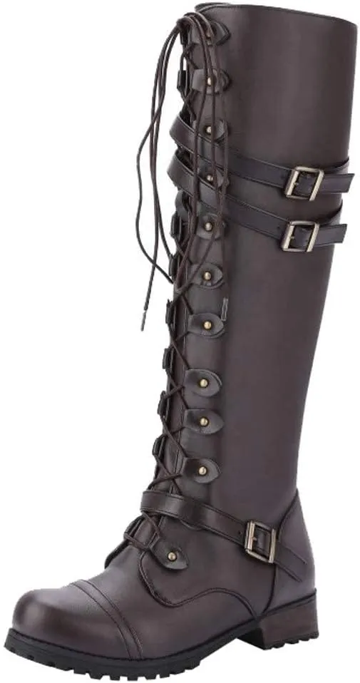 Women PU Leather Knee Boots, Strappy Lace-up Gothic Vintage Punk Buckle Military Combat Stacked Heel Boot Shoes Knee-High Boots